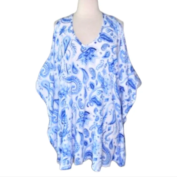 SMYMumu Blue Paisley Tunic Dress Shoulder Cutout Beach Boho Festival Oversize XS - Picture 2 of 8